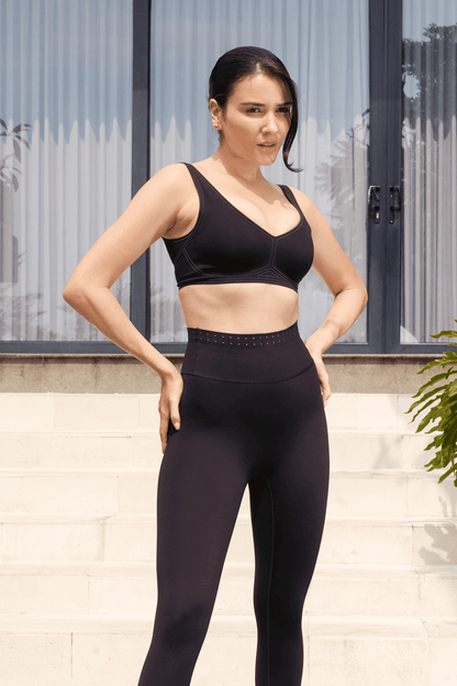 Sculpting Line Comfort V Neck High Waisted Breathable Leggings Set - Black