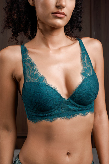 Sexy Long Lined Wirefree Bra with Eyelash Lace - June Bug