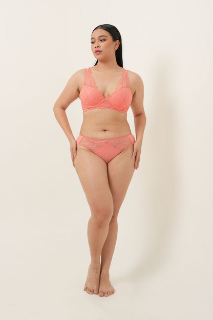 Bra Tanpa Kawat Seksi Bergaris Panjang dengan Renda Bulu Mata - Shell Pink