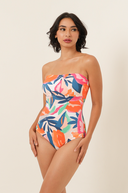 Baju Renang Bandeau Sisipan Jala - Motif Abstrak Merah Muda
