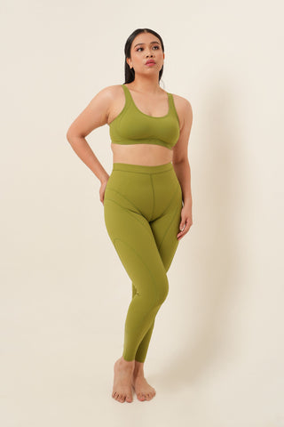Sculpting Line Comfort Round Neck Leggings Set - Grass Green