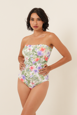 Baju Renang Bandeau Sisipan Jala - Motif Bunga Hijau