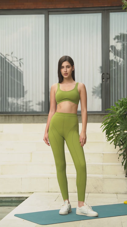 Sculpting Line Comfort Round Neck Leggings Set - Grass Green