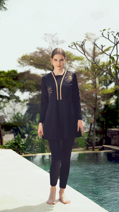 Gold Foil Modest Swimset - Black Gold